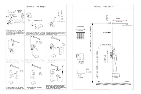 Installation guide and size chart for Top Notch Brushed Nickel Shower System With A 10 Inch Rain Head 3 Function Wall Mount Fixtures.
