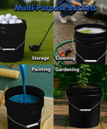 Three Pack 5 Gallon Buckets With Airtight Lids And Gasket Heavy Duty Food Grade BPA Free Plastic Stackable Storage With Metal Handle For Easy Grabs Made In USA Black used for storage, cleaning, painting, and gardening.