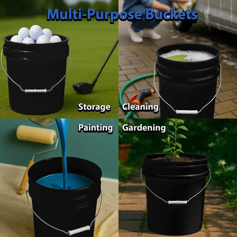 Three Pack 5 Gallon Buckets With Airtight Lids And Gasket Heavy Duty Food Grade BPA Free Plastic Stackable Storage With Metal Handle For Easy Grabs Made In USA Black used for storage, cleaning, painting, and gardening.
