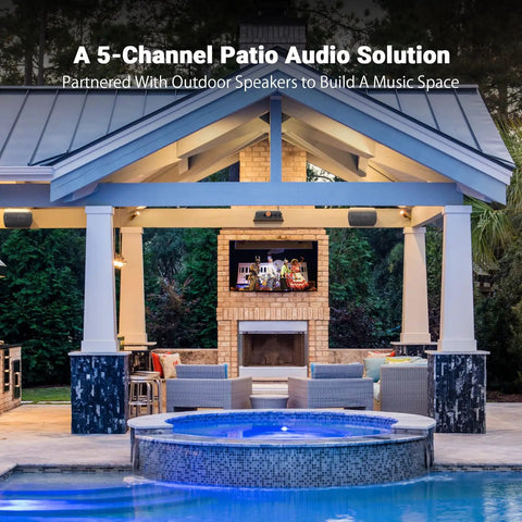 Outdoor pavilion with Bluetooth Amplifier For Outdoor Speakers With Built In DAC And Four Channel Power Amp, patio setup featuring speakers.