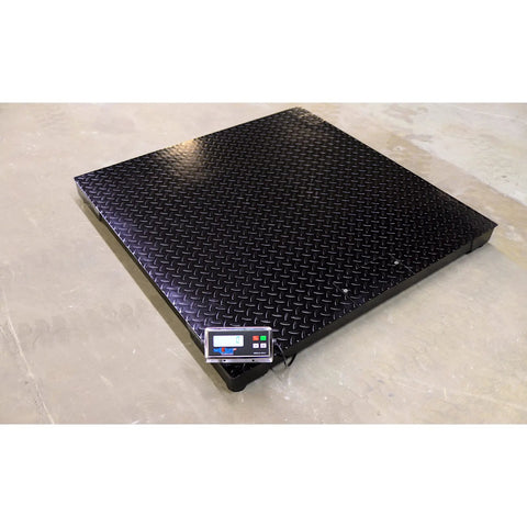 Built Different Digital Industrial Floor Scale Rock Solid Alloy Steel Platform 48 By 48 Inches with display for weighing.