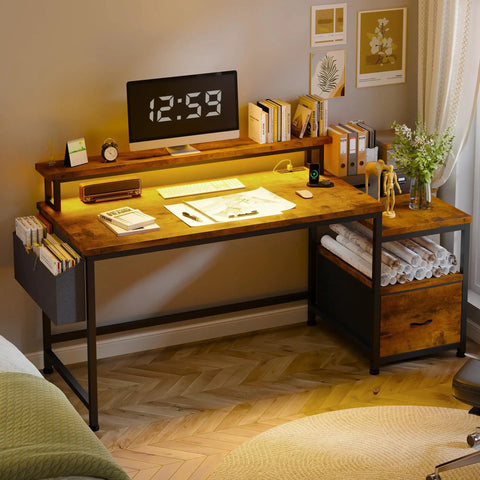 56.5 Inch Rustic Brown Office Desk With Drawers Printer Space And Filing Cabinet Shelves And Two Monitor Stand Perfect For Home Office Study And Gaming Setups
