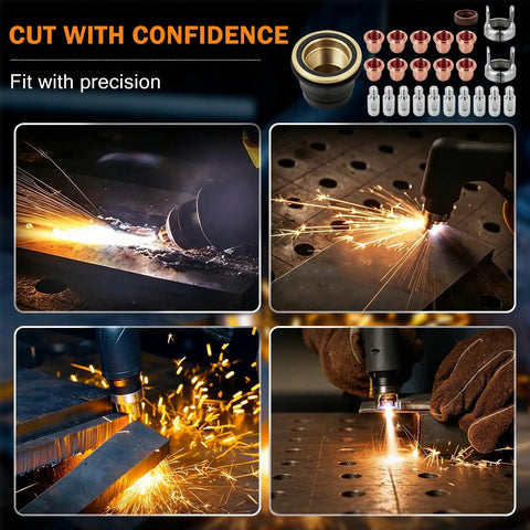 24pcs Plasma Cutting Torch Consumables Kit With Heat Resistant Copper Electrodes And Hafnium Tip Plus Stainless Steel Nozzles For Durable IPT40 Cutter Performance in use, showcasing precision cutting and spark trails.