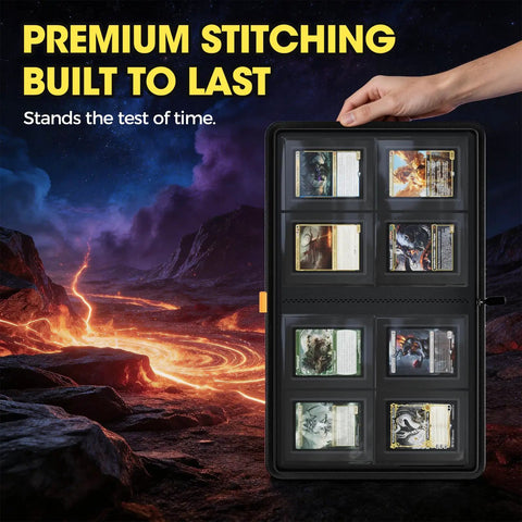 4 Pocket Top Loader Binder For 144 Cards In 3x4 Toploaders, Side Loading Card Organizer With Clear Window, navy finish on lava backdrop.