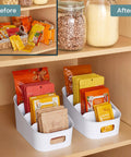 Smart 4 Tier Stairstep Packet Organizer With Divided Compartments For Kitchen Pantry And Counter, organized snacks and tea bags.