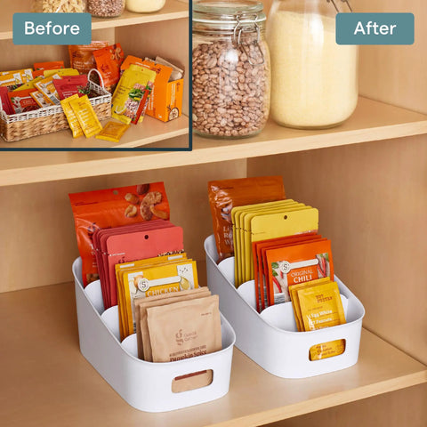 Smart 4 Tier Stairstep Packet Organizer With Divided Compartments For Kitchen Pantry And Counter, organized snacks and tea bags.