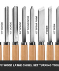 Front view of 8-piece HAUTMEC wood lathe chisel set with wooden handles and steel blades