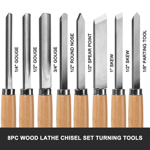 Front view of 8-piece HAUTMEC wood lathe chisel set with wooden handles and steel blades