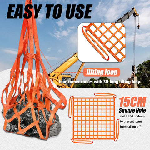 YATOINTO orange nylon cargo lifting net, 6.56' x 6.56', 15 cm square-hole mesh with four corner lifting loops