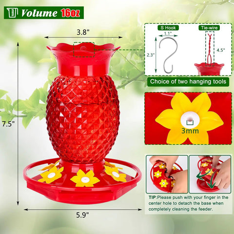 Red Glass Pineapple Hummingbird Feeder With Six Flower Ports 16 Oz Two Pack Leakproof And Easy To Clean 360 Degree Perch