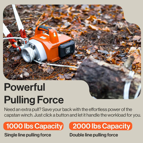SuperHandy Portable Capstan Winch 2000 Lb Pull DC 48V Brushless Motor for Off Road Recovery and Forestry on forest floor.