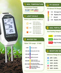 7 In 1 Soil Tester Kit With Backlit LCD For Plants Perfect For Indoor And Outdoor Gardens Checks pH EC TDS Fertility Temperature Moisture And Sunlight meter in soil with display showing measurements.