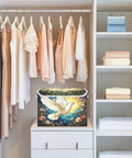 Premium White Fabric Storage Bins With Snap Shut Lids And Reinforced Carry Handles For Bedroom Closet Organization beside hanging clothes.