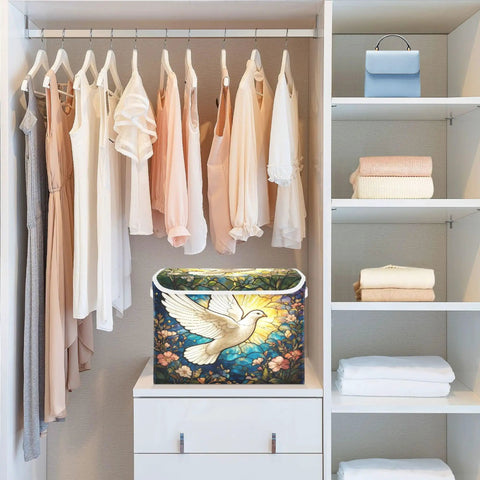 Premium White Fabric Storage Bins With Snap Shut Lids And Reinforced Carry Handles For Bedroom Closet Organization beside hanging clothes.