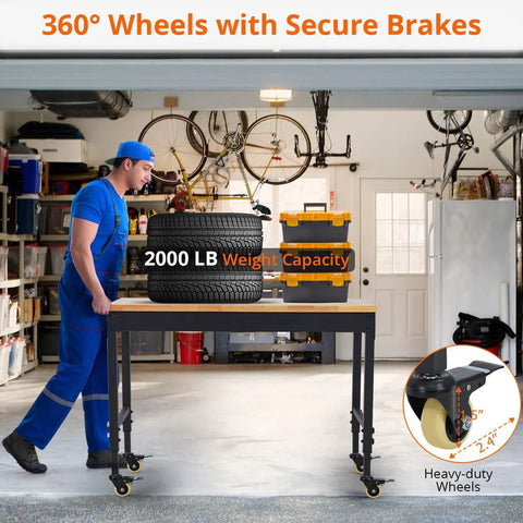 Tough As Nails Mobile Workbench 60 Inch Adjustable Shop Table with heavy-duty wheels and 2000 lb capacity in garage