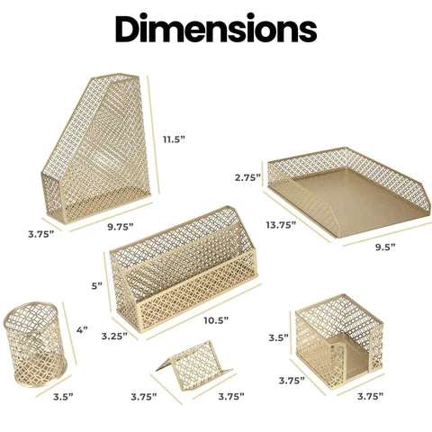 Dope Gold Desk Organizer Set 6 Piece Metal Office Accessories With Mail Sorter Pen Cup Sticky Note Holder Magazine Rack Letter Tray And Business Card Holder For A Sleek Modern Home Office