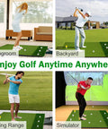 Four scenes showing 5x4ft Golf Hitting Mat With Thick 31mm Artificial Turf For Indoor And Outdoor Use, Durable EVA Backing, Includes 6 Tees