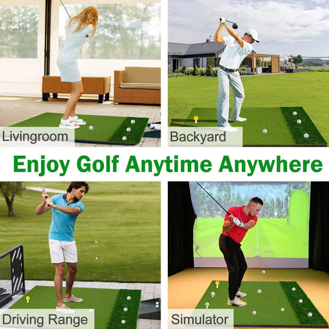 Four scenes showing 5x4ft Golf Hitting Mat With Thick 31mm Artificial Turf For Indoor And Outdoor Use, Durable EVA Backing, Includes 6 Tees