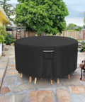 Heavy Duty Round Patio Furniture Cover 62 Inch Diameter 28 Inch Height Waterproof UV Resistant For Round Outdoor Dining Table And Four Chairs Fits Up To 60 Inch Diameter All Weather Protection covering furniture on patio.