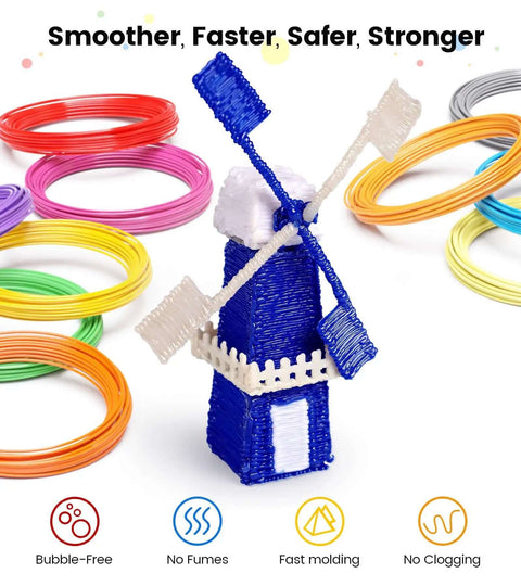 3D-printed windmill surrounded by 15 Color 1.75Mm 3D Pen Filament Refills Set, 240 Feet Total, Compatible with SCRIB3D and MYNT3D.