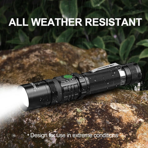 Rechargeable LED Flashlight 1000 Lumens With Dual Switch on rocky surface, beam on, showcasing durability in wet conditions