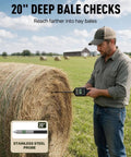 Moisture Meter With 20 Inch Probe For Hay Bales, Round And Square Bale Moisture And Temperature Checker With Fast Backlit Readings, Calibration Clip Included, Black Handle, man testing round hay bale