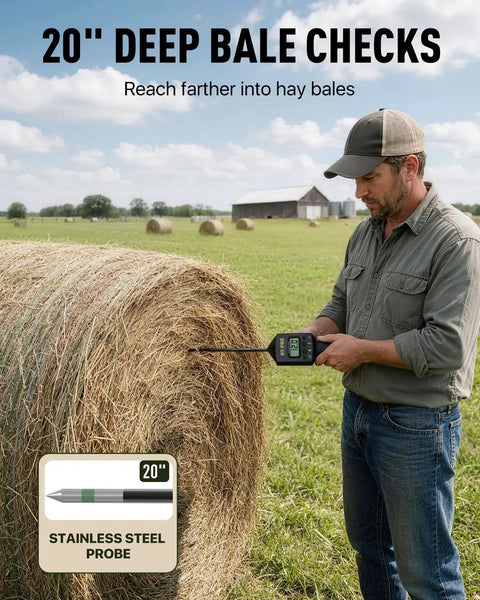 Moisture Meter With 20 Inch Probe For Hay Bales, Round And Square Bale Moisture And Temperature Checker With Fast Backlit Readings, Calibration Clip Included, Black Handle, man testing round hay bale
