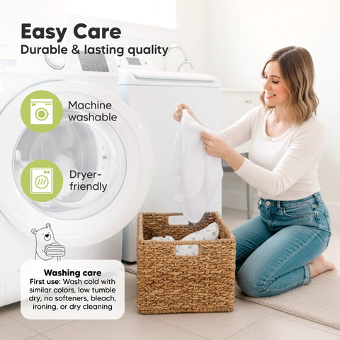Woman in laundry room with Newborn Swaddles With Zippers Three Pack Sleep Sack Set for cozy hip healthy growth, machine washable
