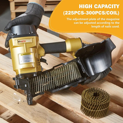 Coil Siding Nailer Workhorse For Wood Projects, Accepts 1 3/4 In To 2 3/4 In Nails, 1/4 NPT Air Connector, shown on wooden pallets