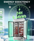Heavy Duty Two Door Reach In Commercial Freezer, 35 Cu Ft, showing energy efficiency details, stainless steel finish and interior storage.