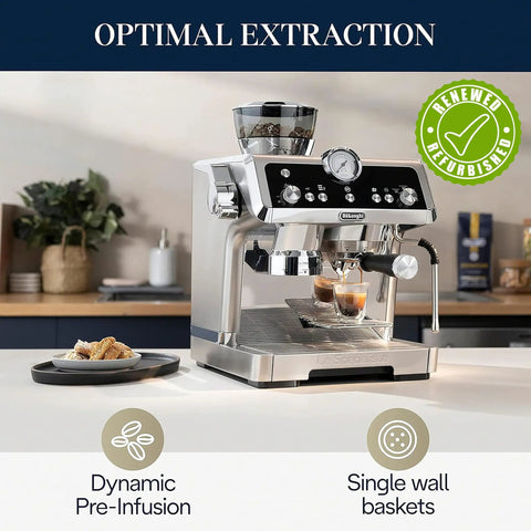 Level Up Your Brew Game With This Certified Renewed Barista Espresso Machine Featuring An Integrated Burr Grinder And Smart Tamping Station For Kickin Daily Shots That Hit Different, showcasing a silver espresso machine with built-in grinder.
