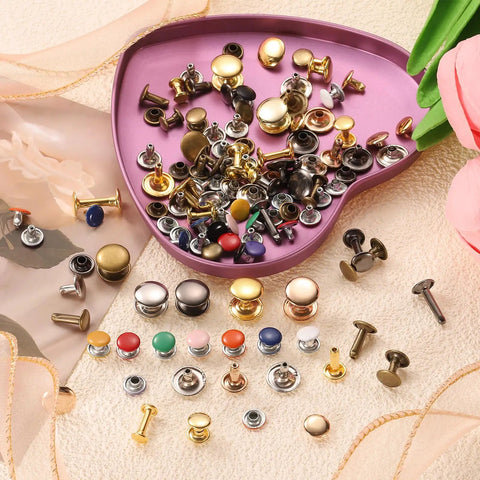 Hella Durable Double Cap Leather Rivets, 120 Sets Of Slick Yellow Metal Studs, Heavy Duty 8Mm Tubular Fasteners displayed in assorted colors.