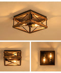 Two Light Black Rustic Wood Farmhouse Flush Mount Ceiling Light Fixture With Totally Vintage Charm Super Durable Finish And No Sweat Install For Awesome Room Style, viewed from multiple angles.