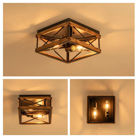 Two Light Black Rustic Wood Farmhouse Flush Mount Ceiling Light Fixture With Totally Vintage Charm Super Durable Finish And No Sweat Install For Awesome Room Style, viewed from multiple angles.