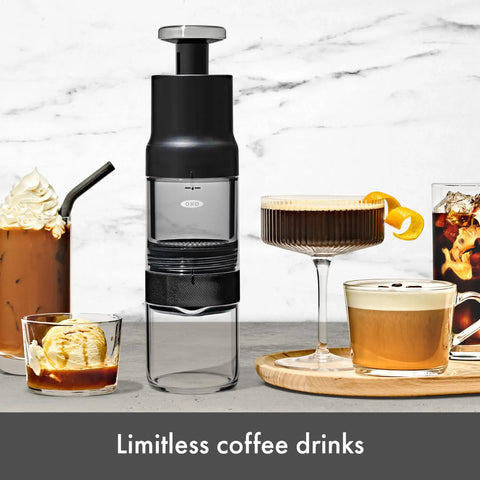 Rapid Brew Portable Coffee Maker For On The Go, Quick And Concentrated Coffee In Five Minutes Or Less, shown with various drinks