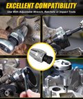 Heavy Duty Cr Mo Steel Stud Extractor Set With 1/4 And 3/8 Drive Yanking Stubborn Rusted Or Stripped Bolts shown in use with adjustable wrench.