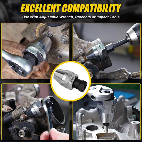 Heavy Duty Cr Mo Steel Stud Extractor Set With 1/4 And 3/8 Drive Yanking Stubborn Rusted Or Stripped Bolts shown in use with adjustable wrench.
