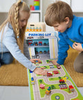 Children playing with Kid Friendly Toy Car Garage Organizer Box With Foldable Play Mat For Easy Cleanup And Playtime