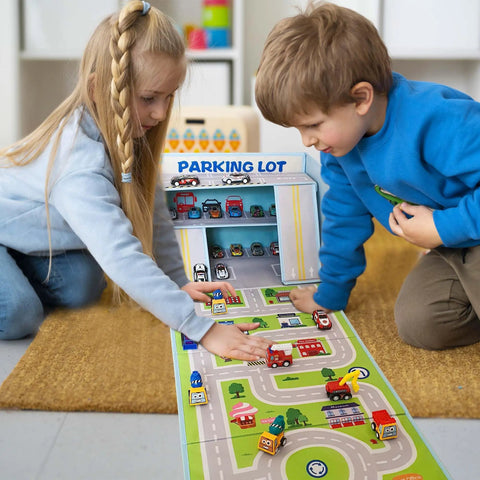 Children playing with Kid Friendly Toy Car Garage Organizer Box With Foldable Play Mat For Easy Cleanup And Playtime