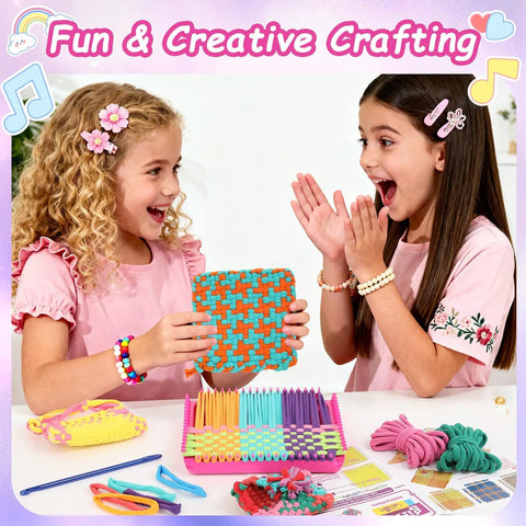 Girls using Weaving Loom Kit For Kids And Adults DIY Arts And Crafts Starter Set With Potholder Loom Loops and tools.