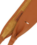 Close-up of Women Italian Leather Obi Belt In Rich Camel showing soft full grain cowhide texture and stitching detail.