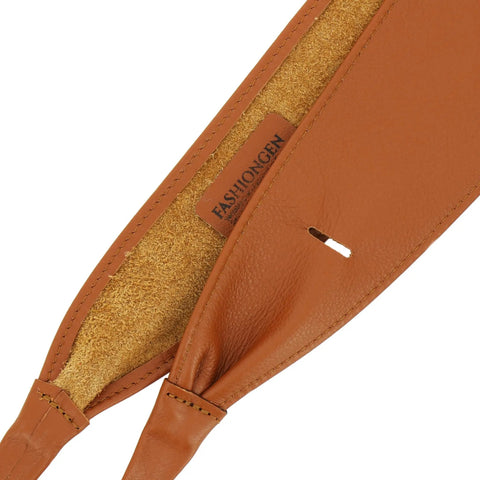 Close-up of Women Italian Leather Obi Belt In Rich Camel showing soft full grain cowhide texture and stitching detail.