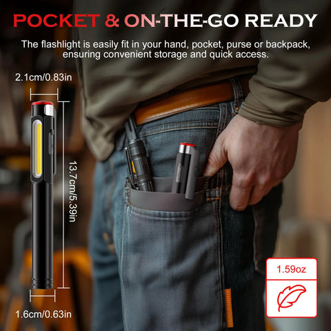 Rechargeable Pen Light With 800 Lumens LED, 6 Modes, COB Floodlight Magnetic Clip, Pocket Sized Work Light Waterproof in pocket