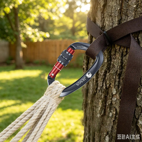 Beefy 25kN Locking Climbing Carabiner UIAA Certified Heavy Duty Large Size attached to tree with rope and knurl nut locking mechanism