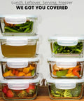 16 Piece Glass Meal Prep Set With 8 Containers Each 30 Oz, Lids Included, Airtight And Leak Proof, BPA Free, stacked with food