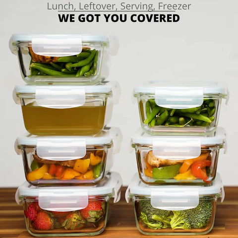 16 Piece Glass Meal Prep Set With 8 Containers Each 30 Oz, Lids Included, Airtight And Leak Proof, BPA Free, stacked with food