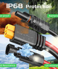 20 Foot Solar To XT60 Extension Cable 12AWG with IP68 protection showcasing dustproof, rainproof, cold, and UV resistance features.
