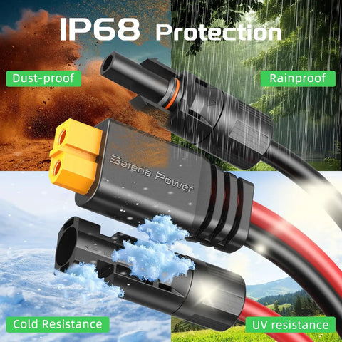 20 Foot Solar To XT60 Extension Cable 12AWG with IP68 protection showcasing dustproof, rainproof, cold, and UV resistance features.