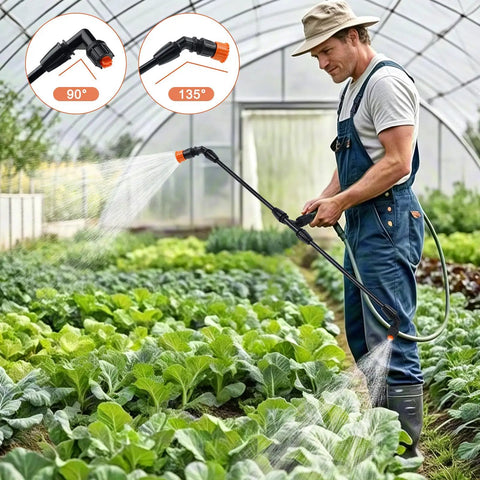 Gardener using Four Nozzles Poly Sprayer Boom Wand With One Quarter Inch Brass Fittings for backpack sprayer on leafy greens.