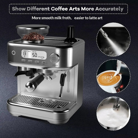 Pro Grade Dual Boiler Espresso Machine With Built In Grinder, 20 Bar Pressure, 30 Custom Settings, Smart LCD Screen, Large Tank showcasing milk frothing and coffee art capabilities.
